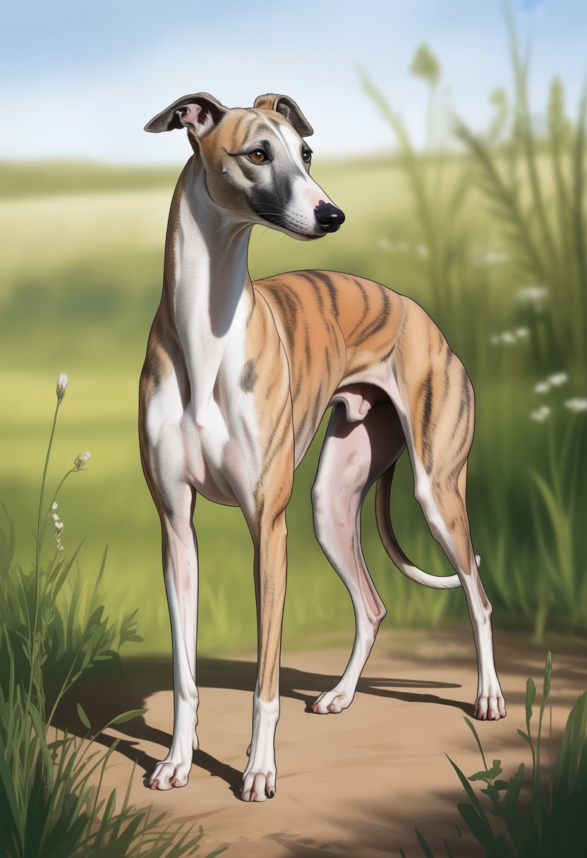 A female whippet dog standing gracefully in a grassy meadow with wildflowers under a clear sky.