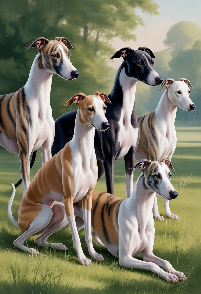 A group of Whippet dogs in various coat colors standing and sitting in a peaceful grassy park with trees in the background.