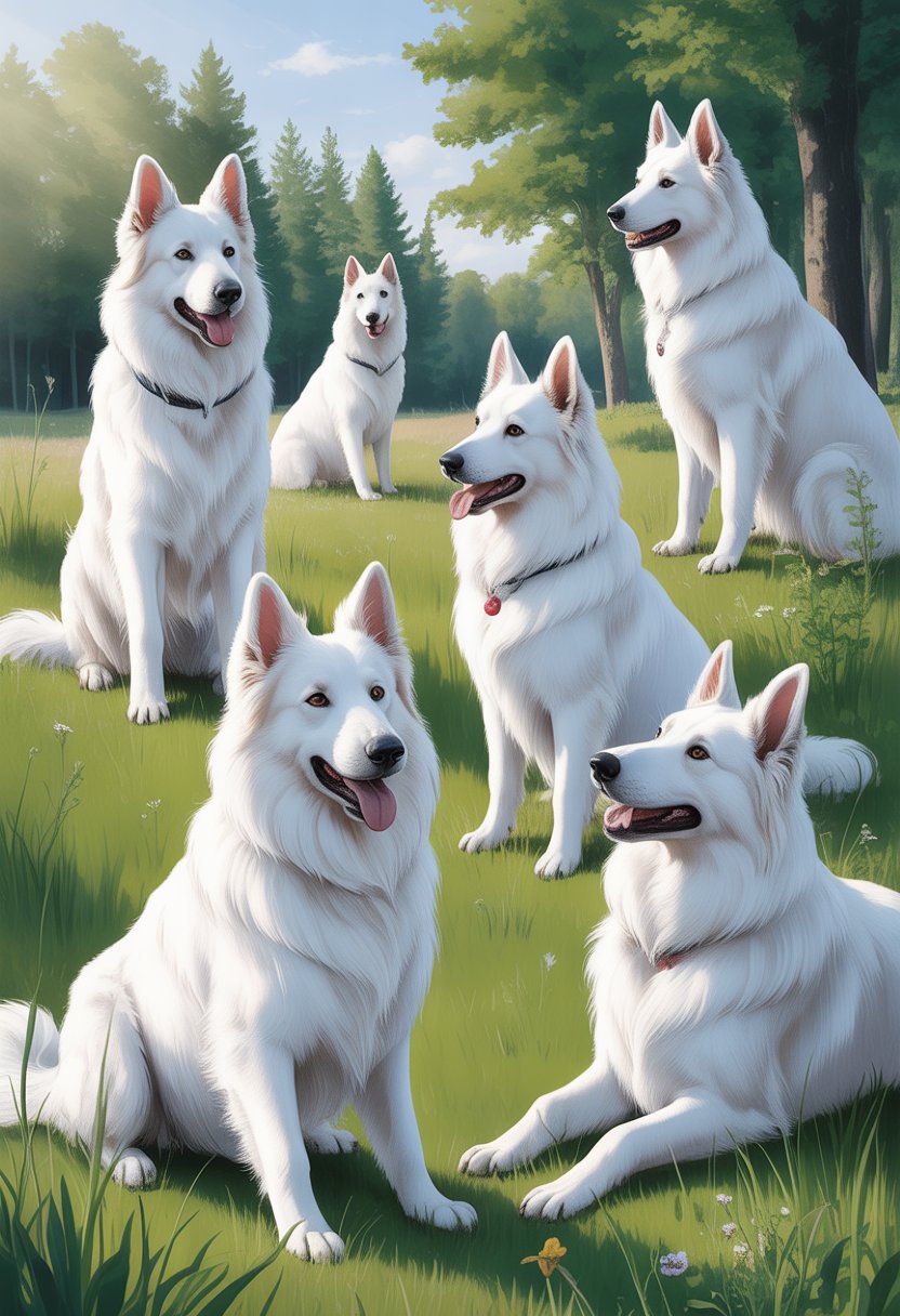 Several White Swiss Shepherd dogs in a park with green grass and trees, shown in different poses and interacting peacefully.
