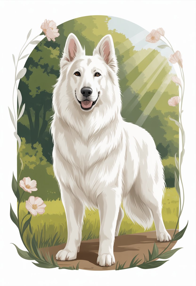 A White Swiss Shepherd dog standing outdoors with green trees and soft sunlight in the background.