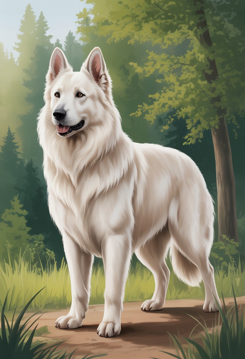 A male White Swiss Shepherd dog standing outdoors in a forest with sunlight filtering through the trees.