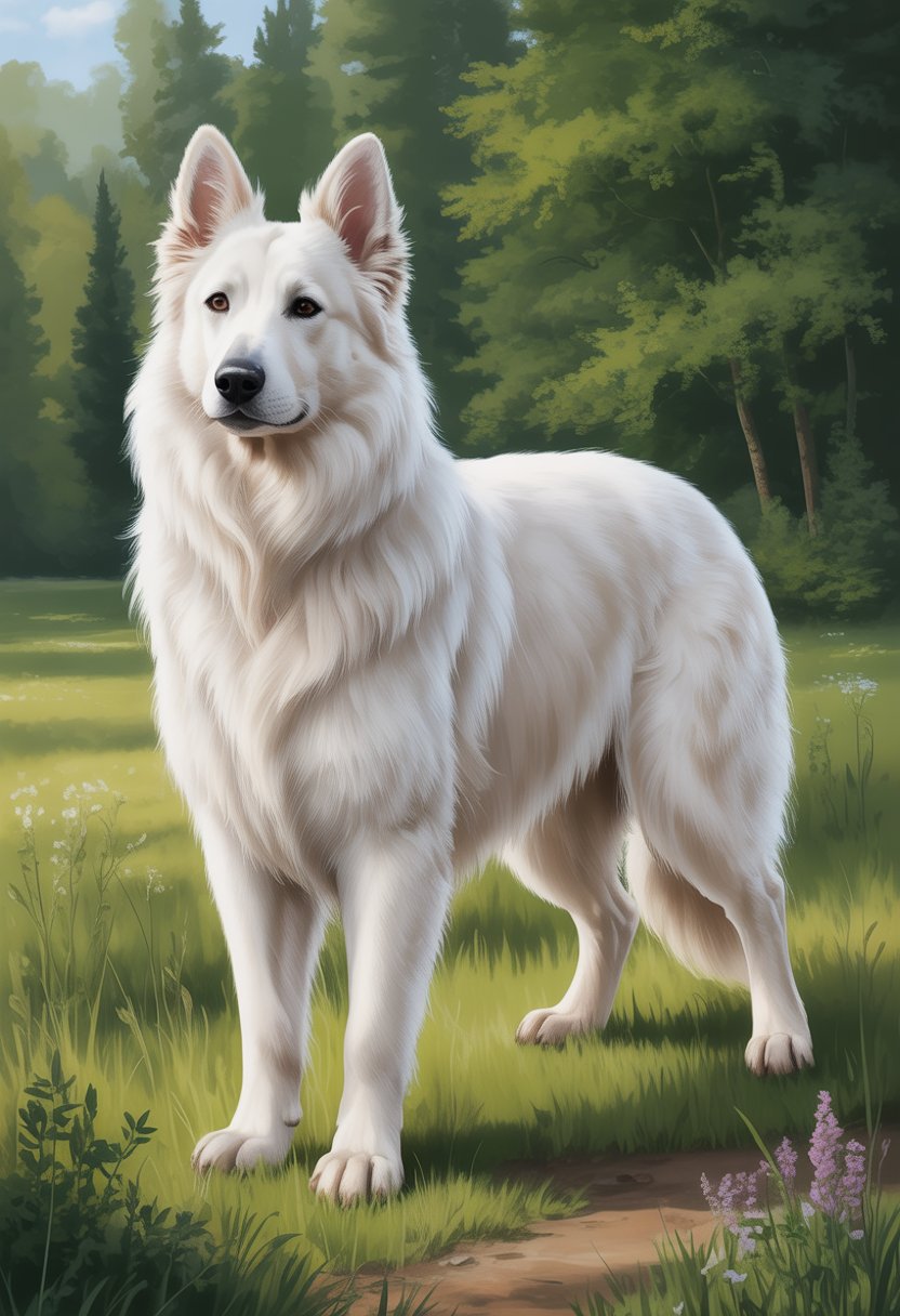 A female White Swiss Shepherd dog standing in a green meadow with trees and wildflowers in the background.