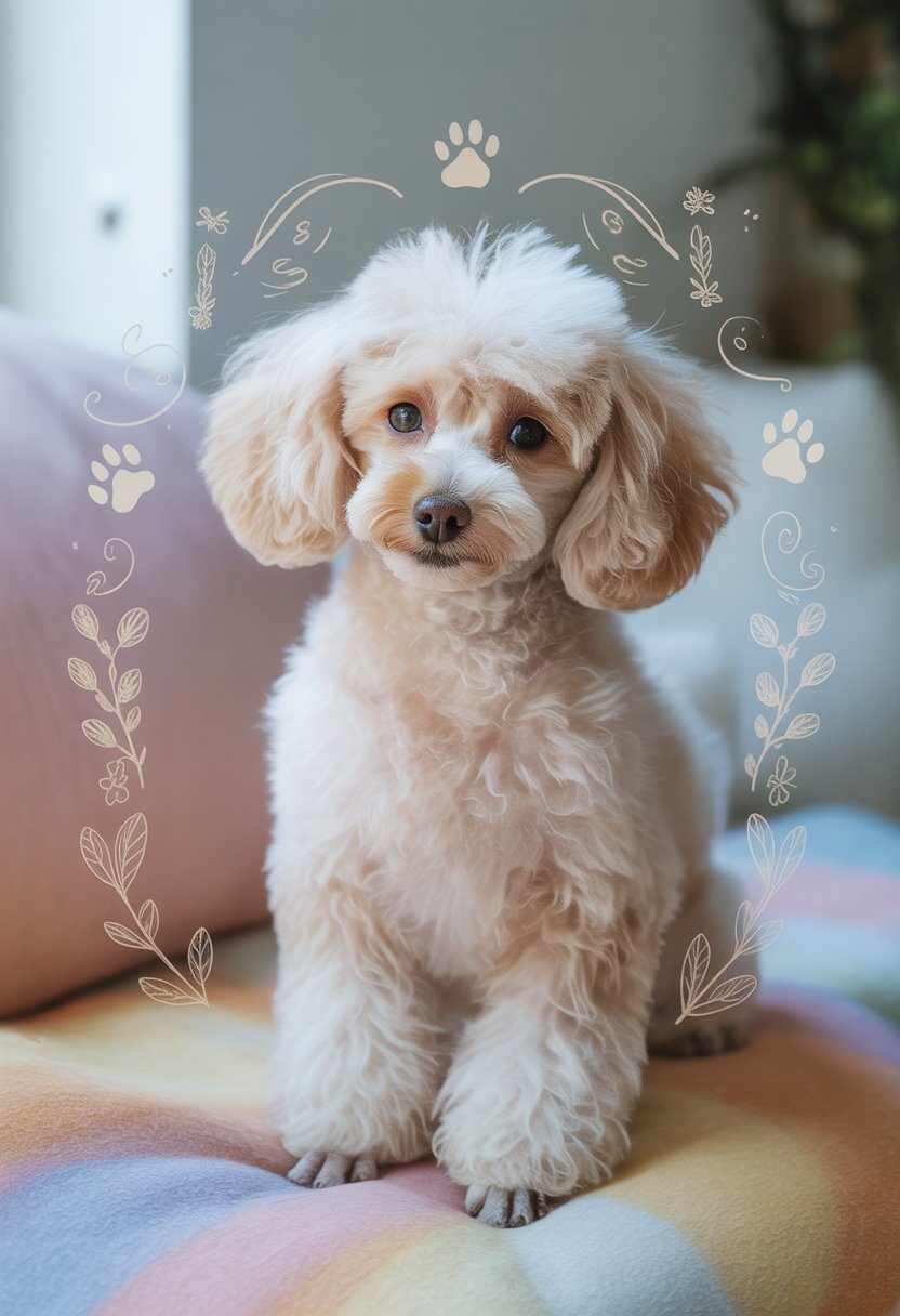 A white toy poodle sitting on a cushion in a cozy room with soft decorations around it.