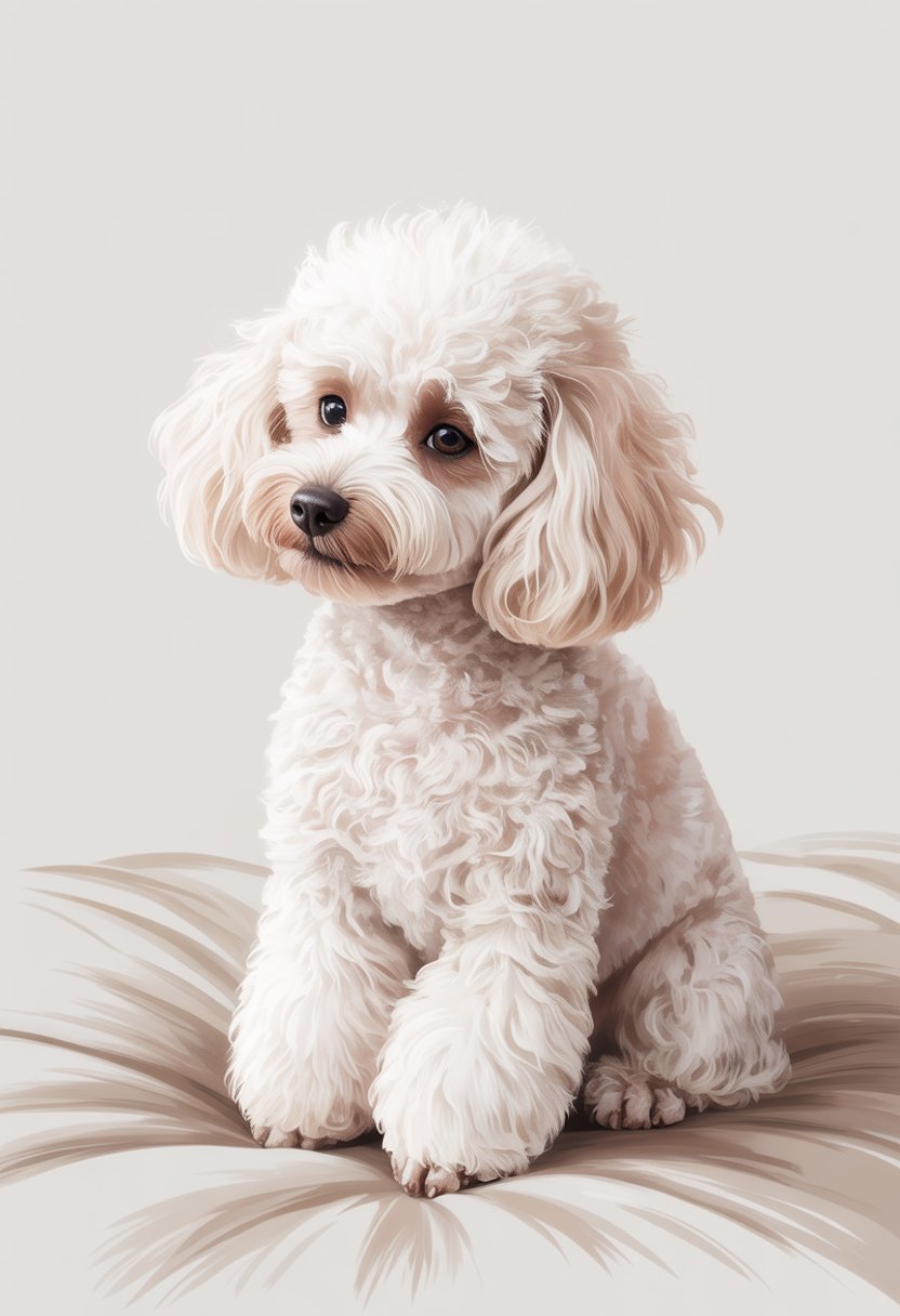 A white male Toy Poodle sitting calmly on a soft surface, looking slightly to the side.