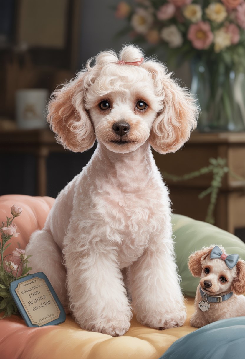 A female white toy poodle sitting on a cushion indoors with flowers and dog accessories around her.