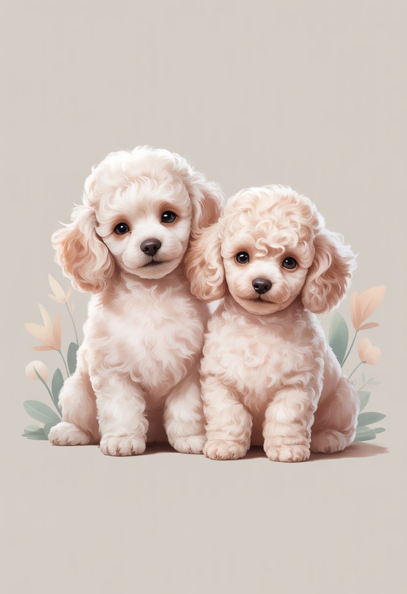 Two white toy poodles sitting side by side on a soft background with gentle floral accents.