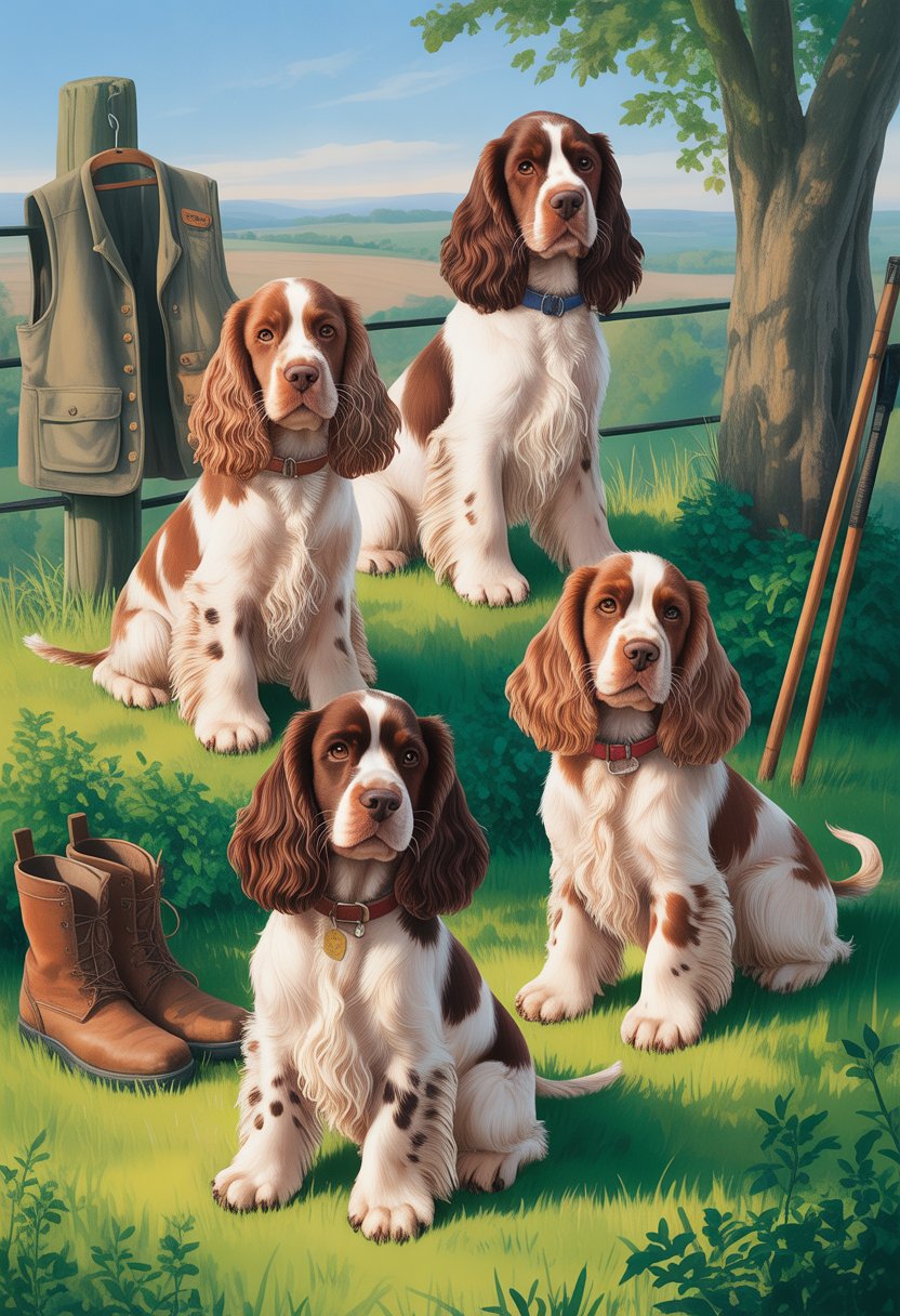 Three working Cocker Spaniels outdoors on green grass with hills and a clear sky in the background, near a fence post with a hunting vest and walking stick.