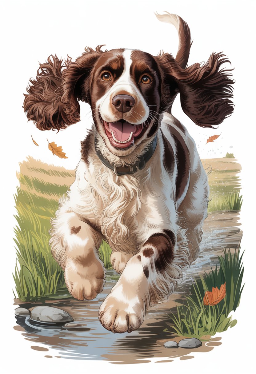A joyful Working Cocker Spaniel standing outdoors in a grassy field near a stream with autumn leaves around.