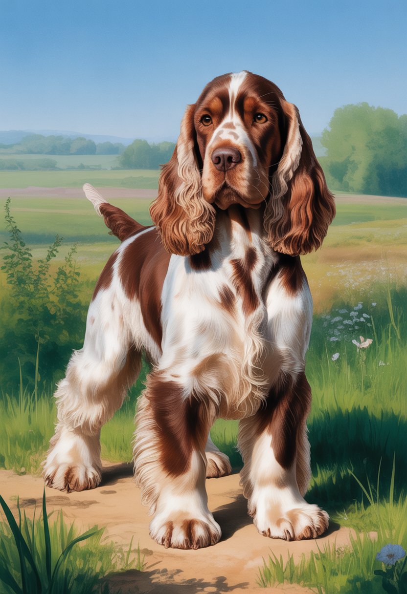 A male Working Cocker Spaniel standing outdoors in a grassy countryside with rolling hills in the background.