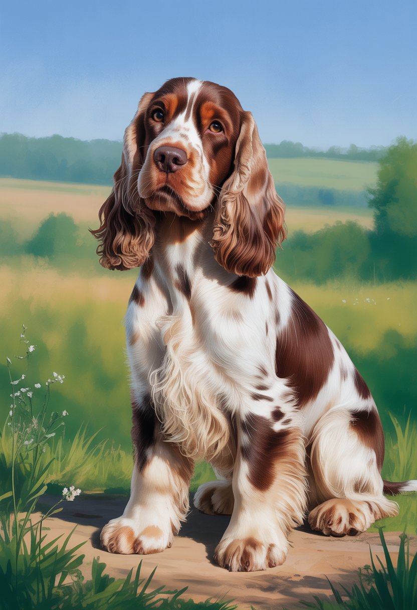 A female Working Cocker Spaniel sitting attentively outdoors in a grassy countryside setting.