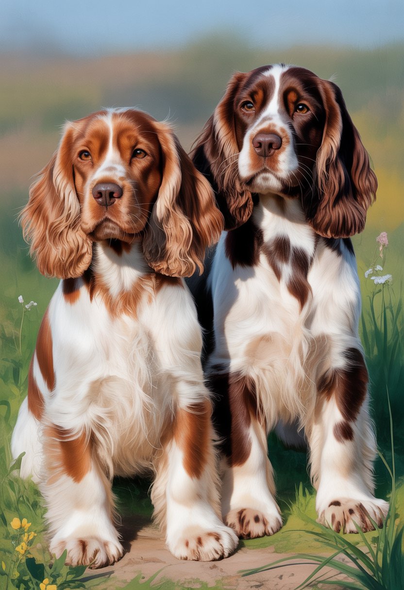 Two Working Cocker Spaniels standing together outdoors in a grassy area with wildflowers.