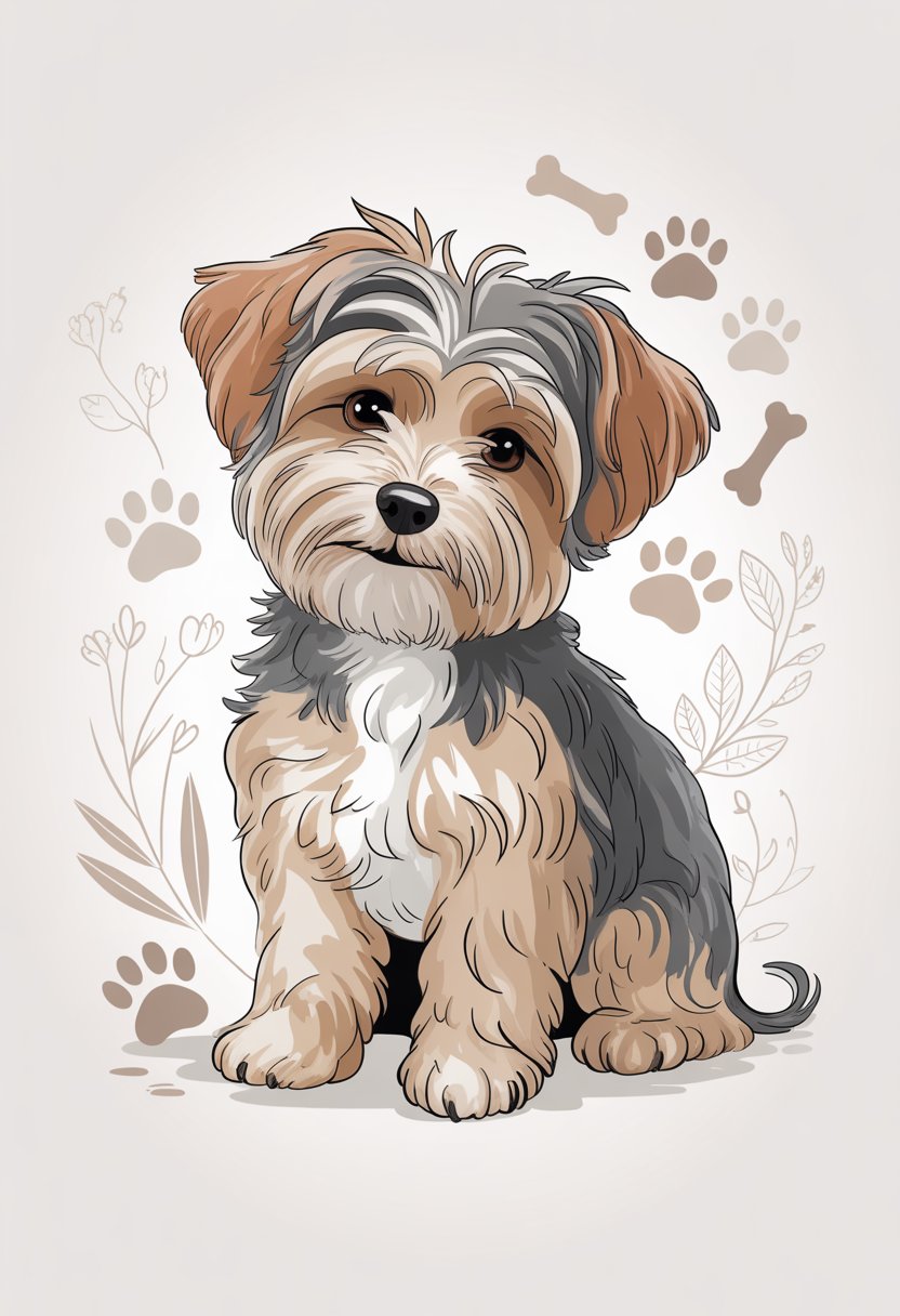 A Yorkipoo dog sitting surrounded by paw prints and floral decorations on a light background.