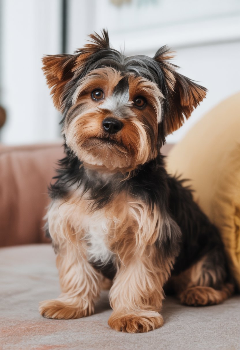 A male Yorkipoo dog sitting attentively with a fluffy tan and black coat against a simple background.