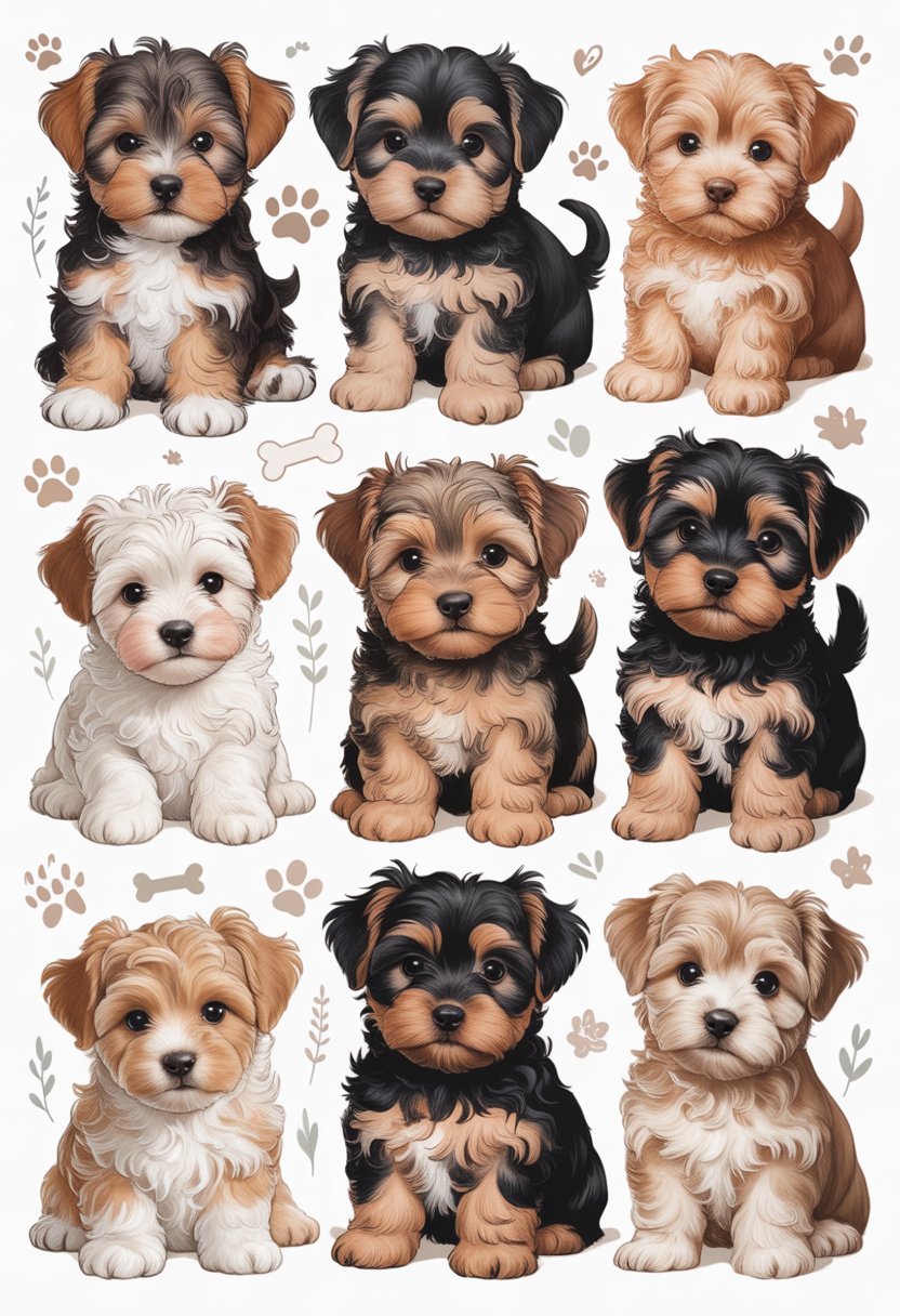 A group of cute Yorkipoo puppies in various poses with soft, neutral background and gentle decorative elements around them.
