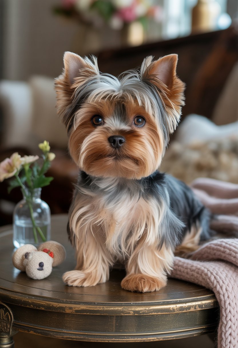 A Yorkshire Terrier sitting on a cushion on a wooden table surrounded by flowers and dog toys in a cozy indoor setting.