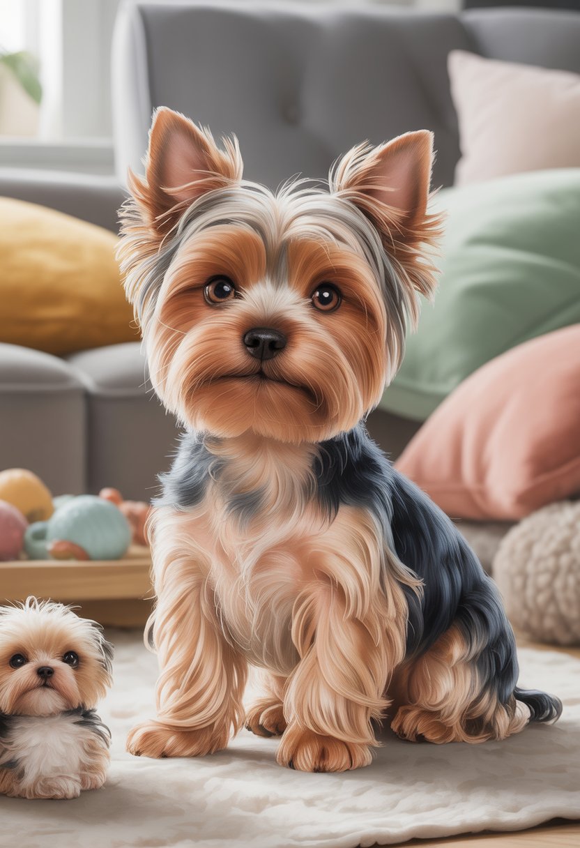 A Yorkshire Terrier sitting attentively in a cozy indoor space with soft cushions and toys nearby.