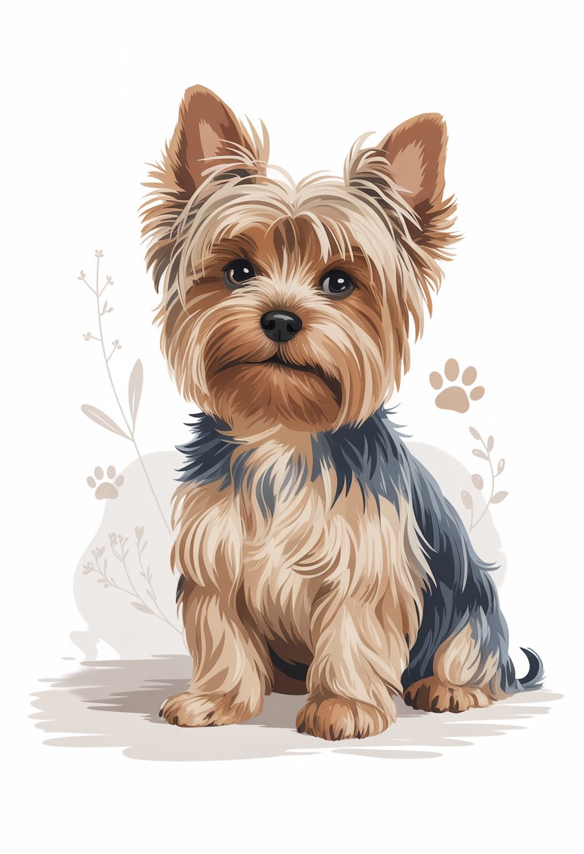 A male Yorkshire Terrier sitting calmly with a shiny coat and expressive eyes on a soft surface with subtle decorative accents around it.
