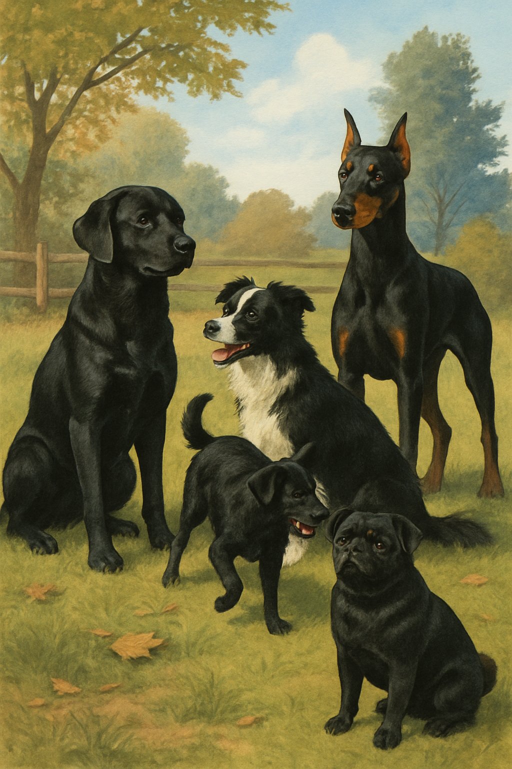 Several black dogs of different breeds playing and resting together outdoors on a grassy field with trees and a clear sky.