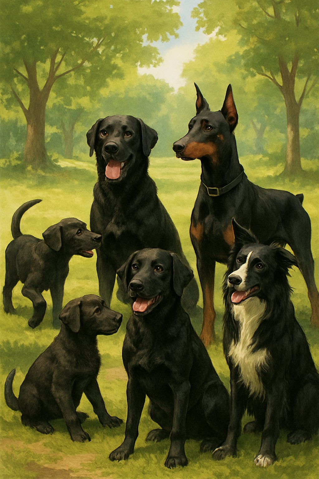 Several male black dogs of different breeds playing and sitting together in a green park with trees and sunlight.
