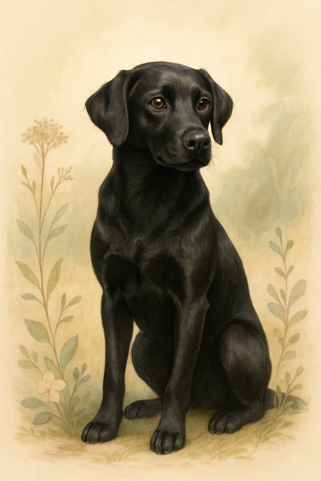 A female black dog sitting outdoors with a shiny coat and attentive expression surrounded by soft greenery.