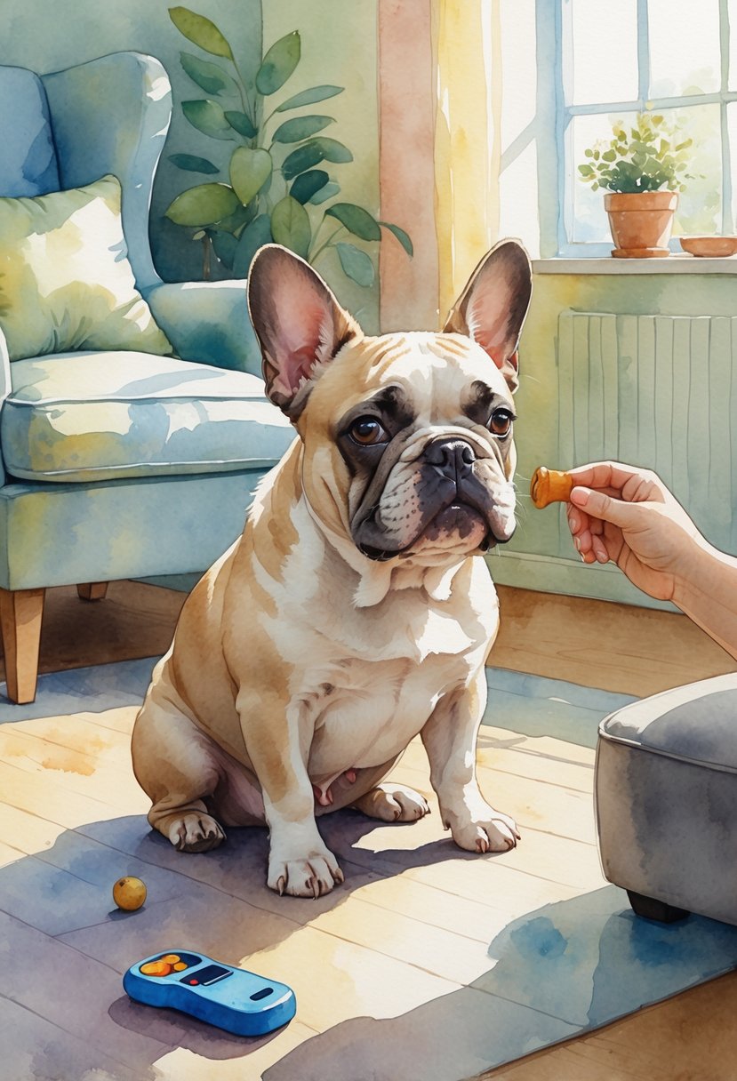 A French Bulldog participating in different training activities inside a cozy living room with a caring owner.
