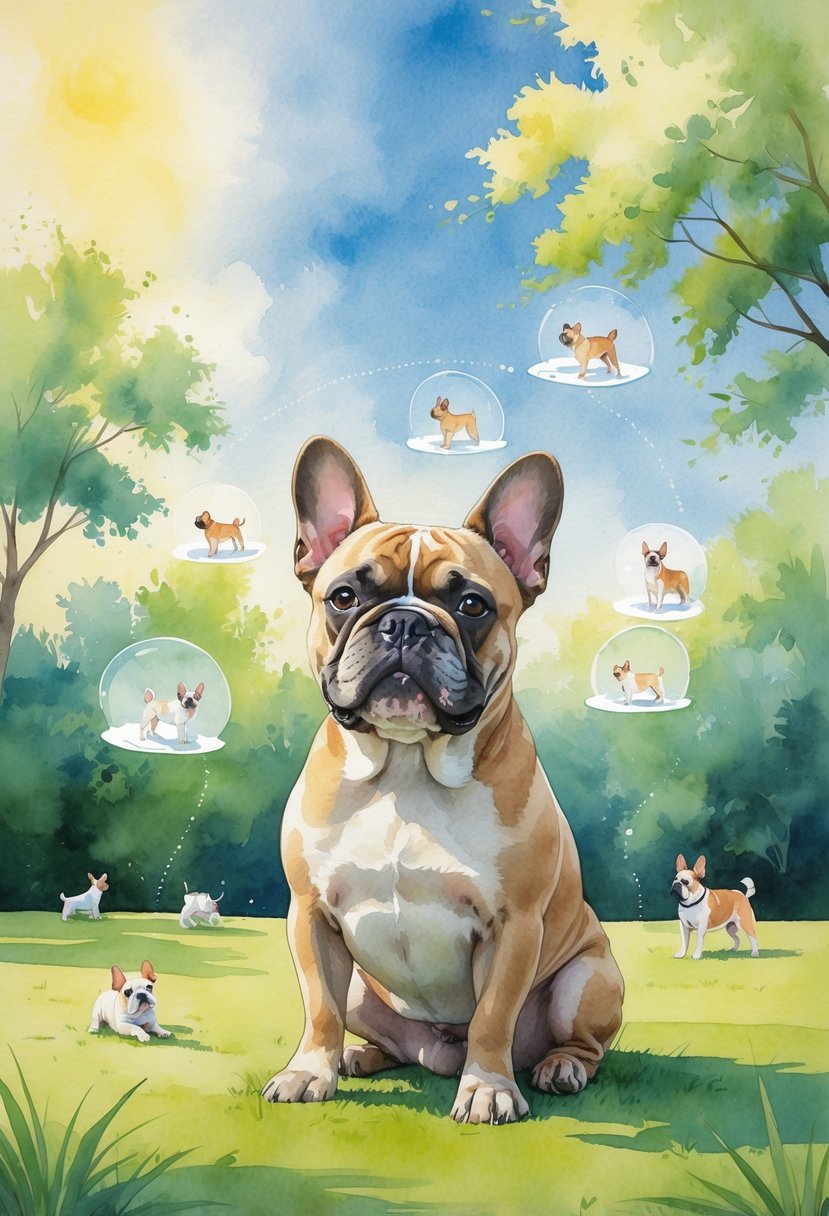 A French Bulldog sitting on grass outdoors with illustrations around it showing training activities and a healthy lifestyle.