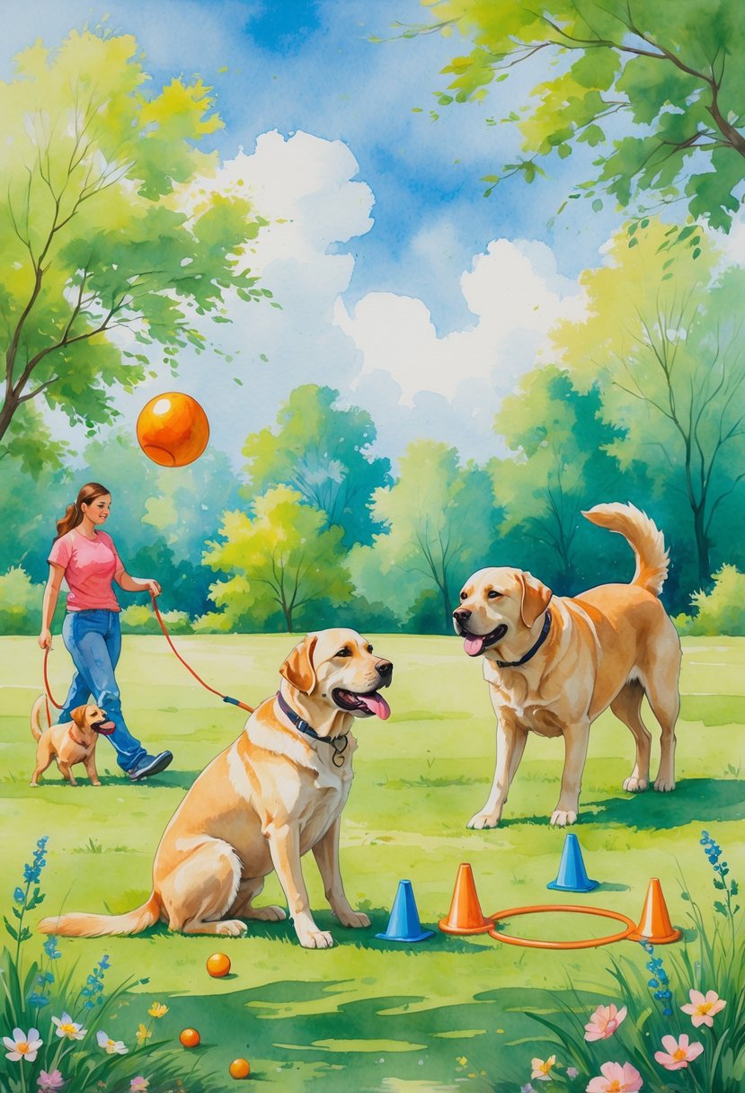 A Labrador retriever in a park performing various training activities like fetching a ball, sitting attentively, and jumping through a hoop with training tools nearby.