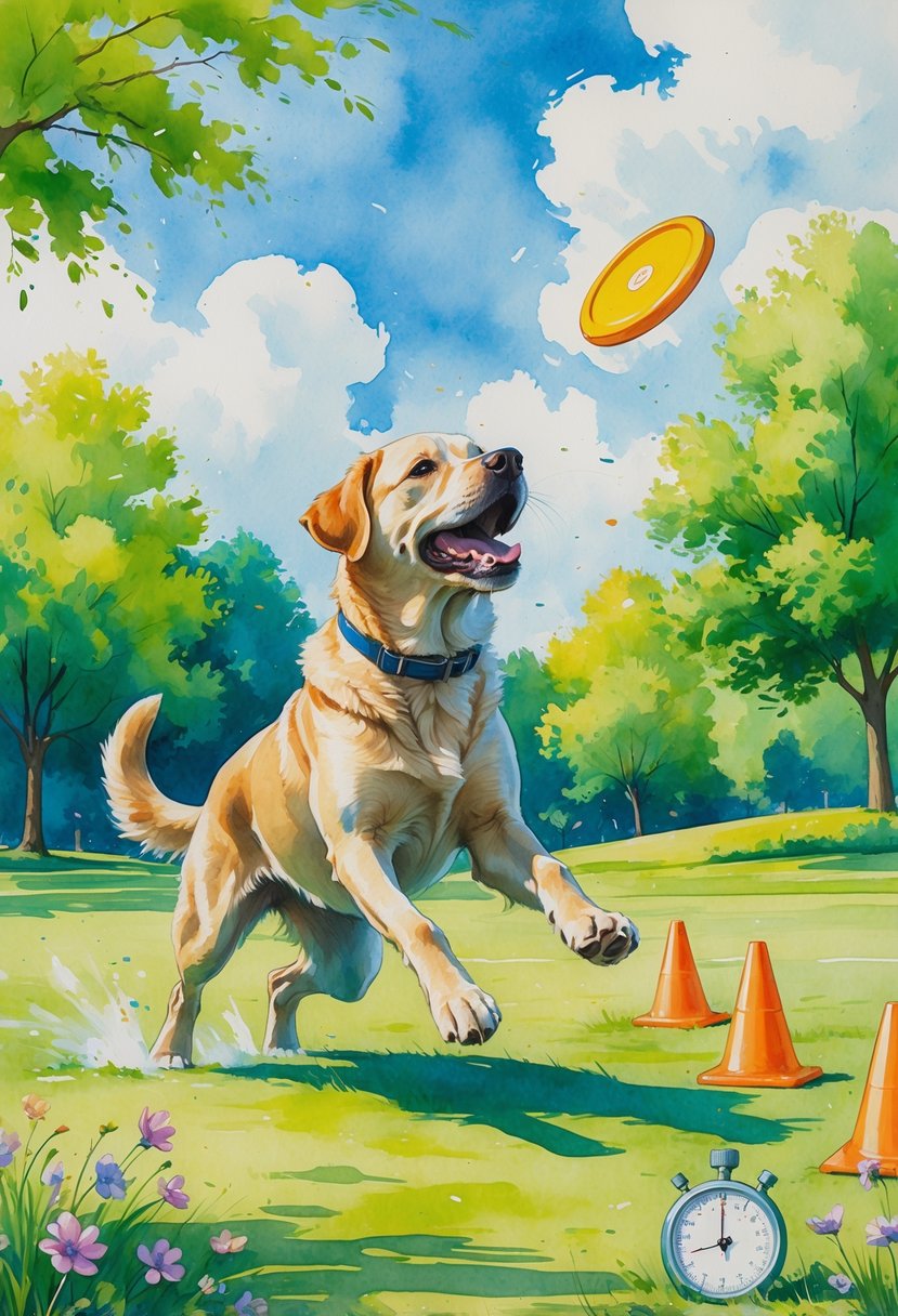 A Labrador retriever playing and training in a sunny park with trees and flowers, showing energetic exercise activities.
