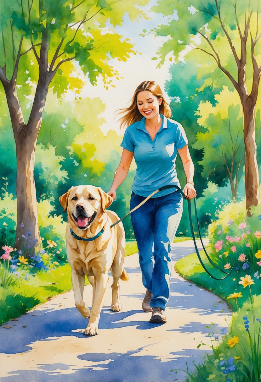 A person walking a happy Labrador retriever on a leash in a sunny park with trees and flowers.