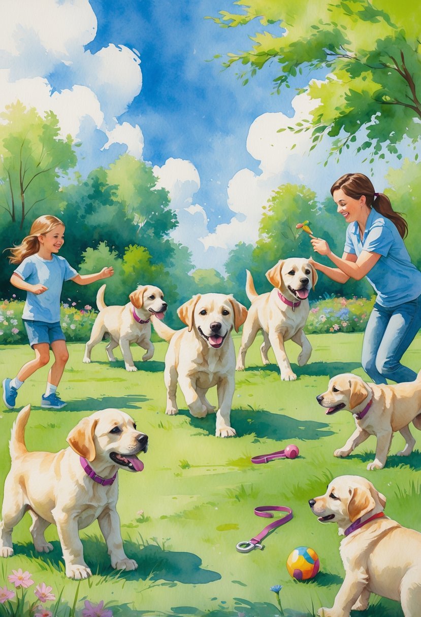 Several Labrador puppies playing and training with a child and a trainer in a sunny park surrounded by grass and flowers.