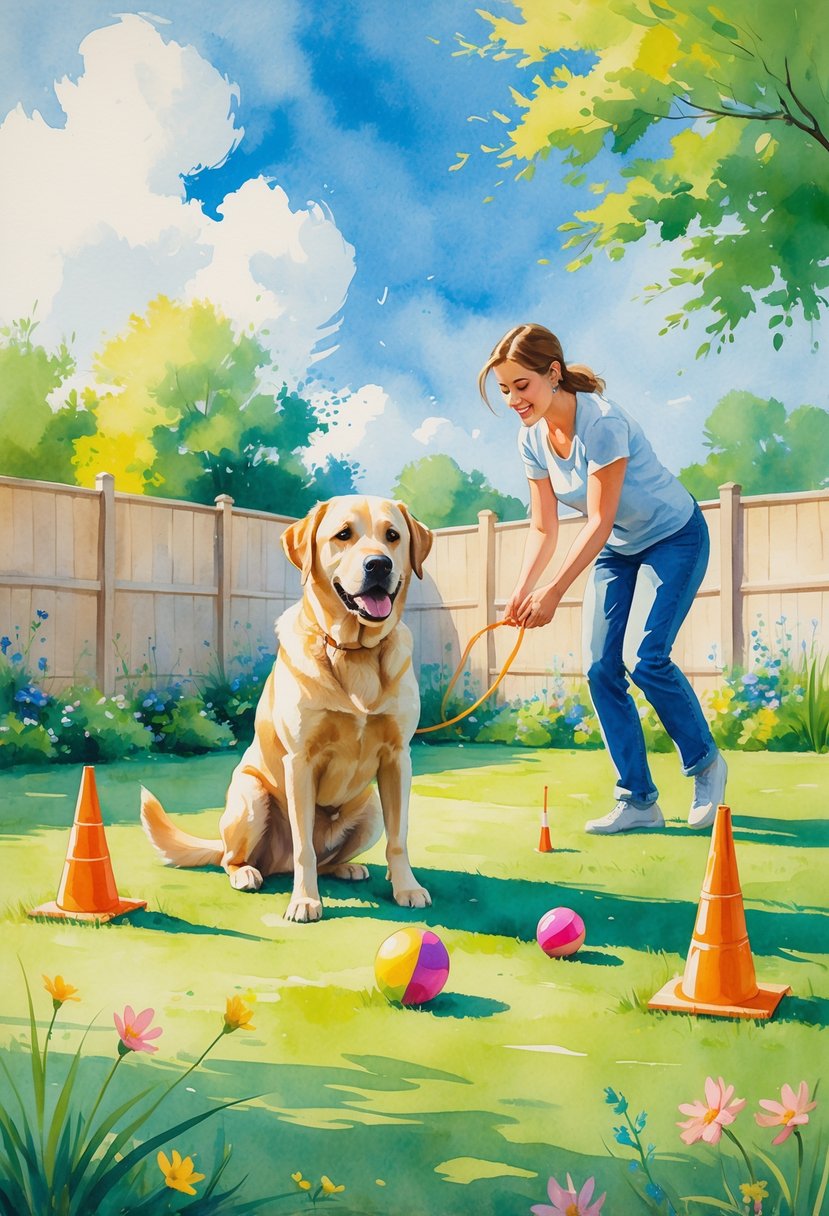 A Labrador retriever in a fenced backyard actively participating in training exercises with a person guiding it.