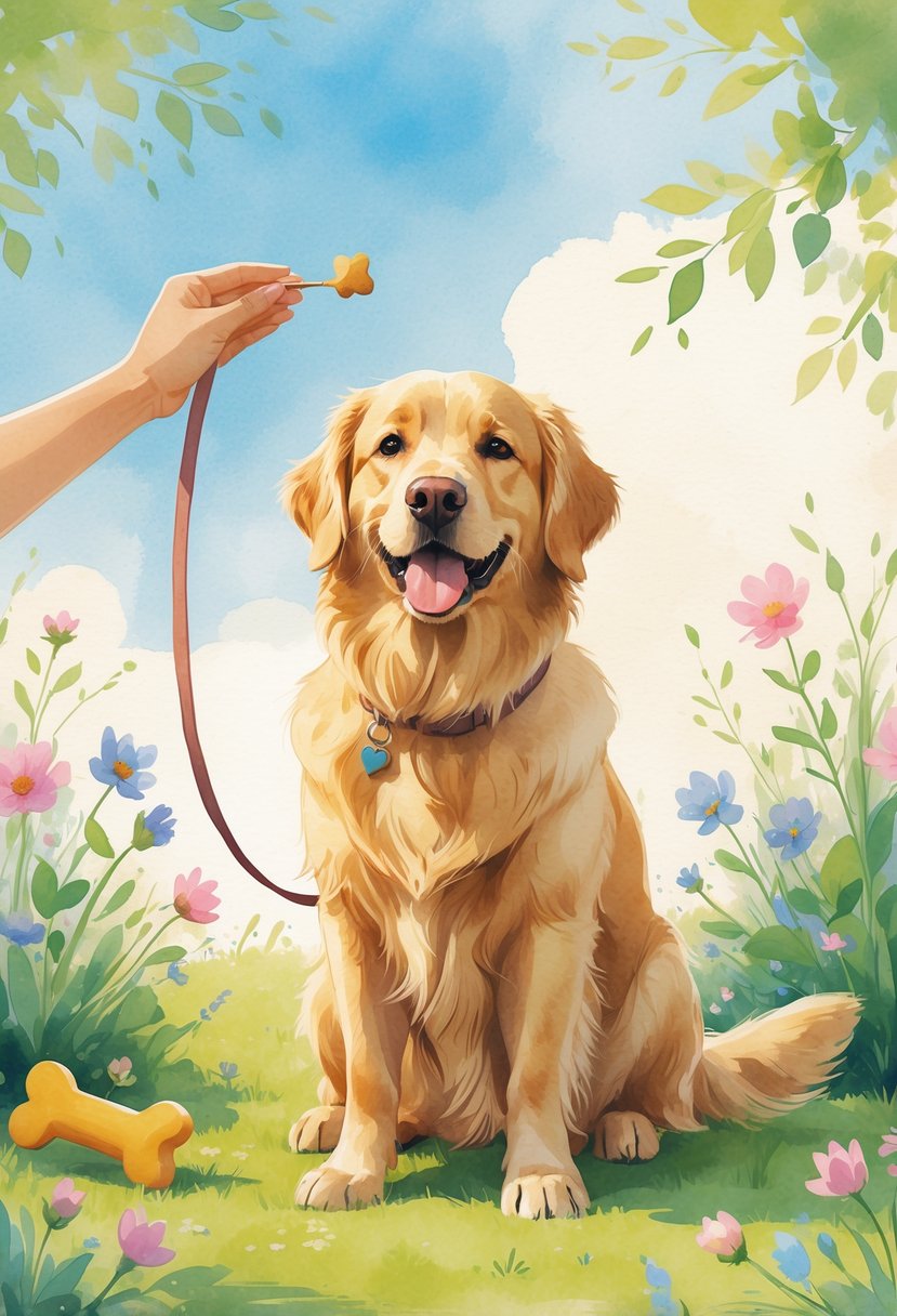 A Golden Retriever sitting attentively in a garden with a smiling owner giving a treat, surrounded by flowers and toys.