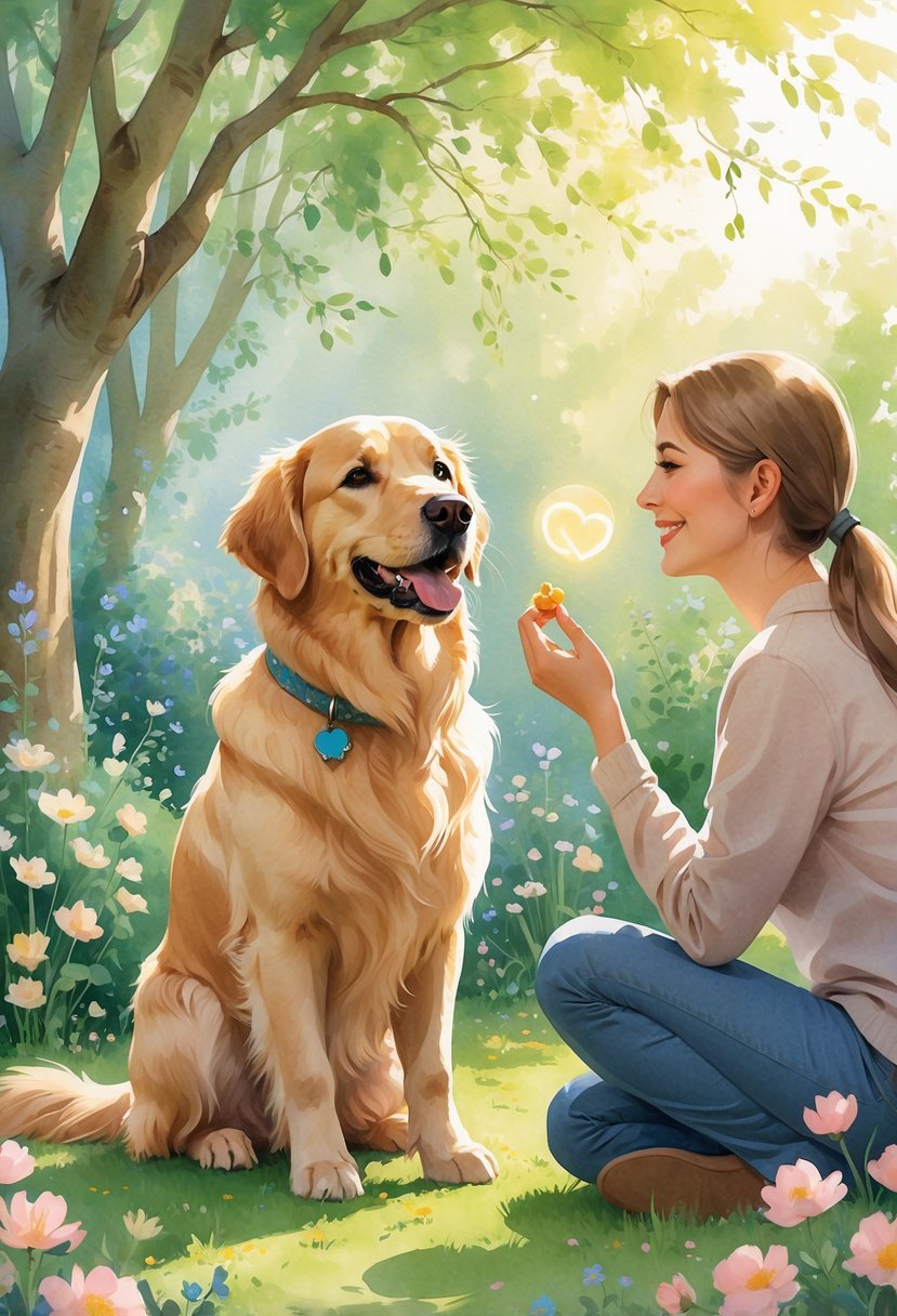 A Golden Retriever sitting happily in a garden while its owner offers a treat, showing a moment of positive interaction.