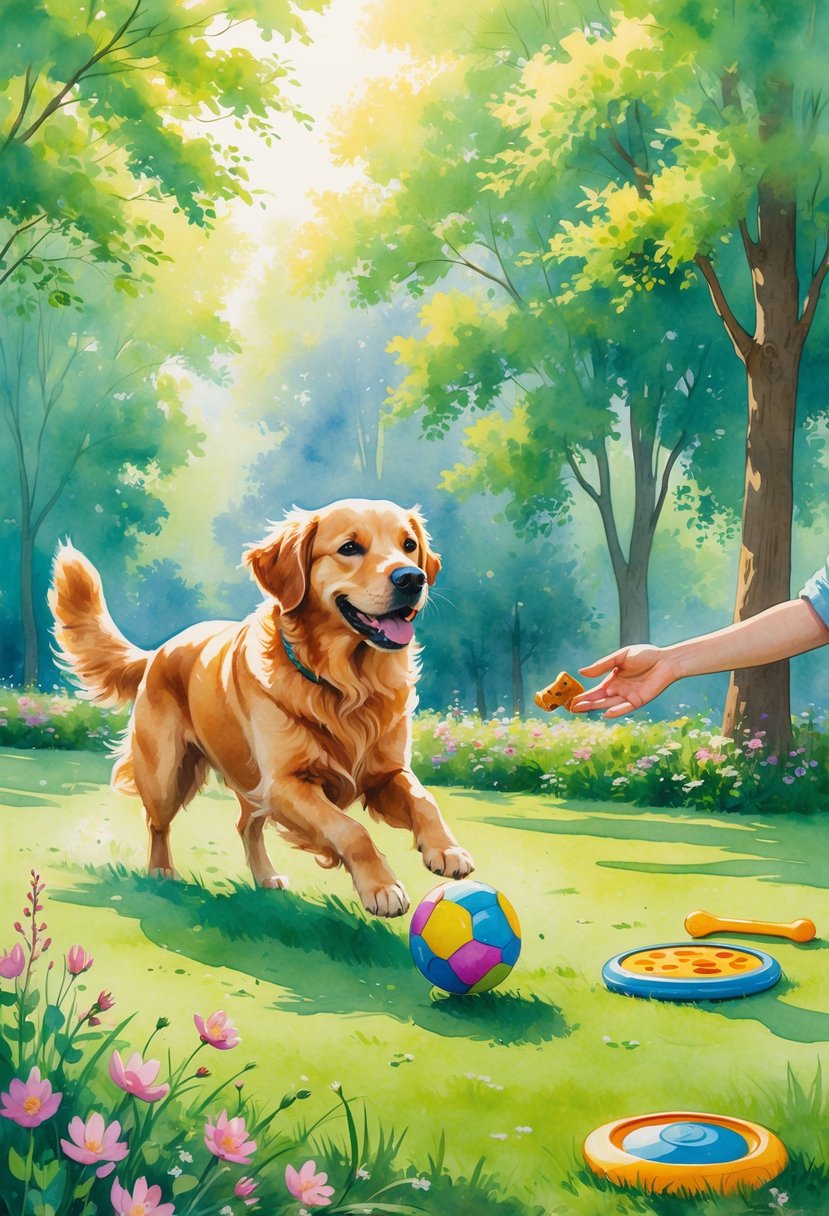 A Golden Retriever playing fetch in a park with a person offering a treat, surrounded by trees, flowers, and dog toys on the grass.