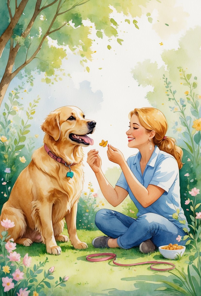 A Golden Retriever happily receiving a treat from its owner in a sunny garden surrounded by flowers and greenery.