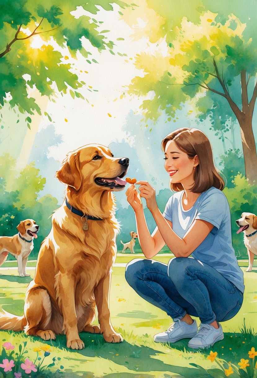 A Golden Retriever sitting attentively in a park receiving a treat from its owner, with other dogs playing nearby and trees in the background.