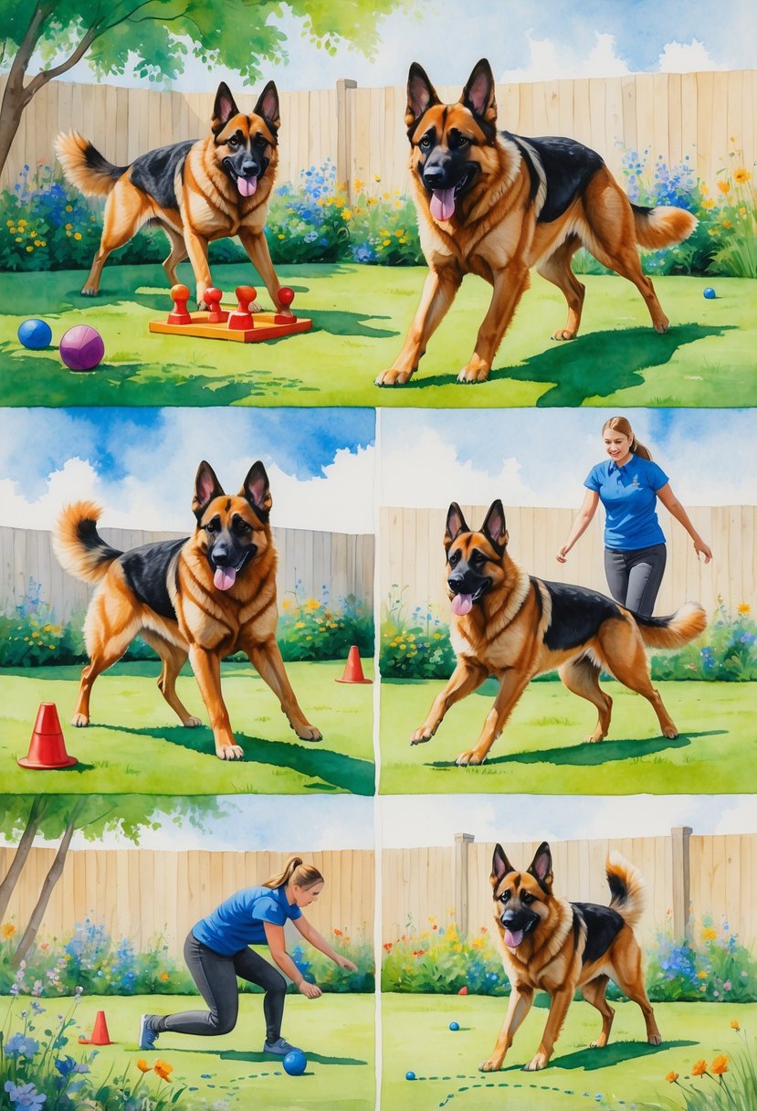 A German Shepherd dog performing various training exercises outdoors in a backyard with grass and flowers.