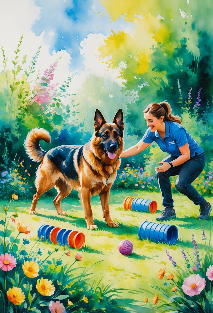 A German Shepherd dog playing with puzzle toys and agility equipment in a garden while a trainer watches and encourages.