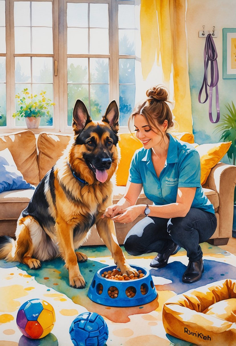 A German Shepherd dog playing with puzzle toys indoors while a person watches and encourages it.
