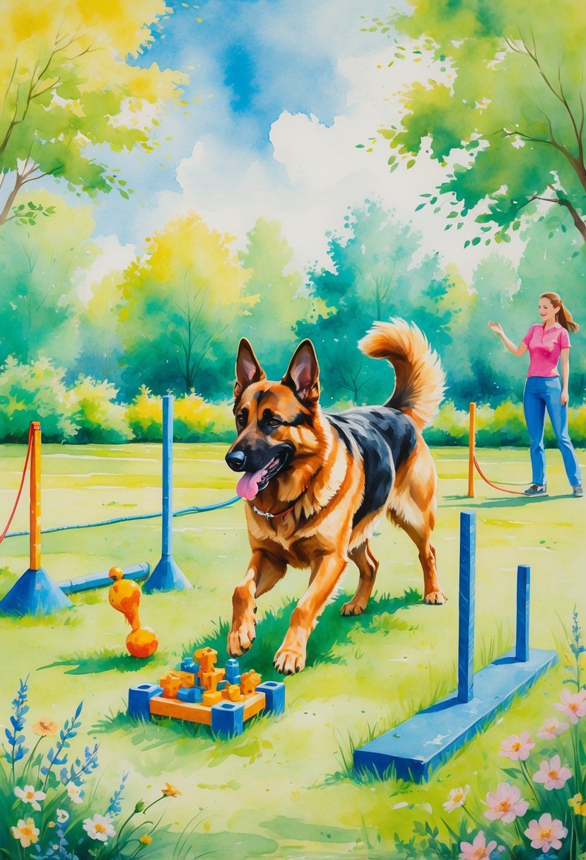 A German Shepherd dog performing mental exercises with a trainer in a sunny park, surrounded by agility equipment and puzzle toys.