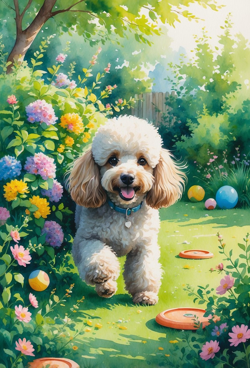 A fluffy poodle peeking out from behind bushes in a garden surrounded by toys and greenery.