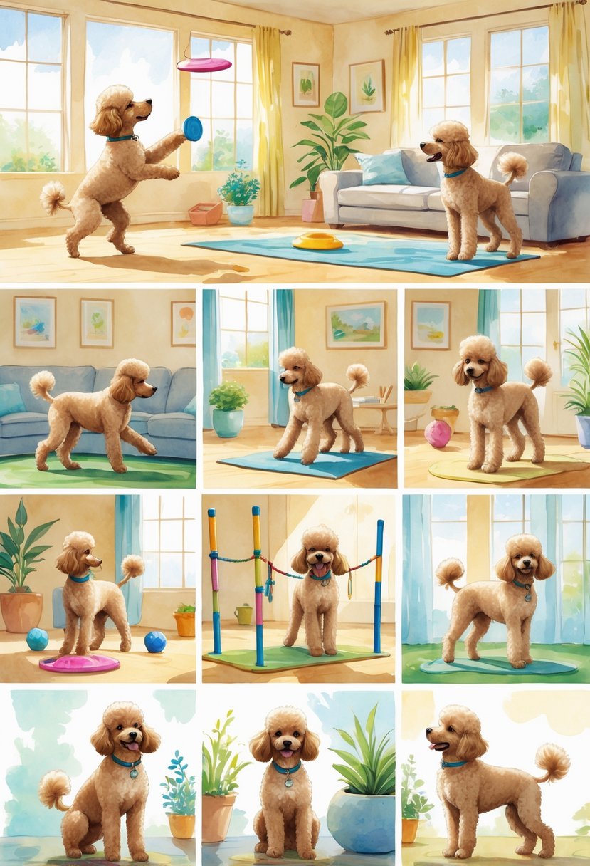 A playful poodle engaging in various training games and activities with its owner in a cozy living room.