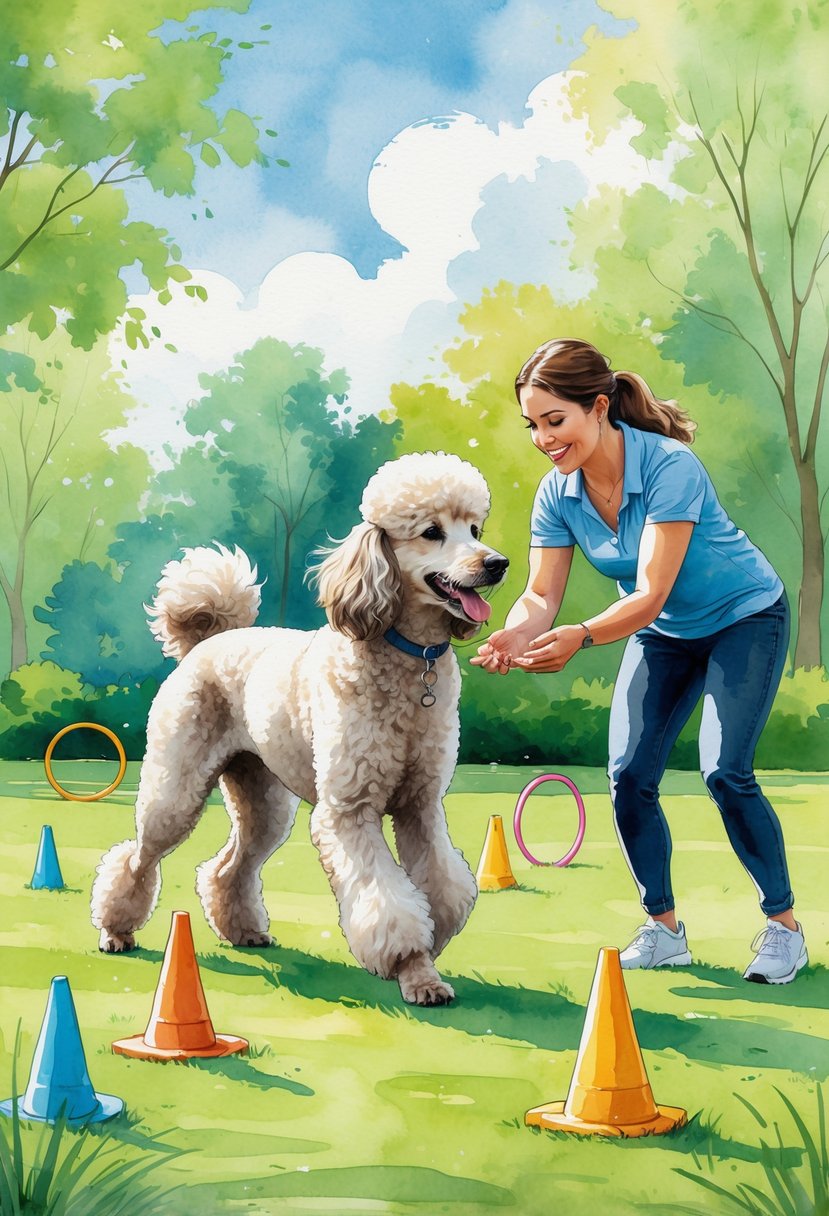 A poodle playing obedience training games with a trainer in a sunny park surrounded by training props.
