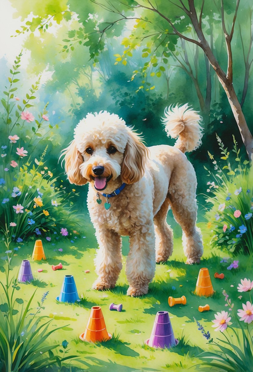 A poodle sniffing around hidden objects in a garden during scent work training.
