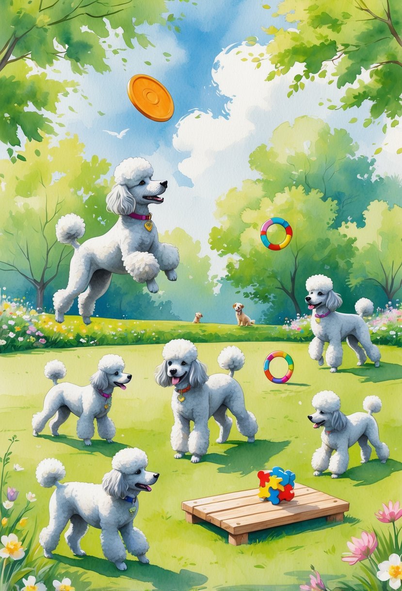 A playful poodle engaged in seven different training activities in a sunny park with grass, flowers, and trees.