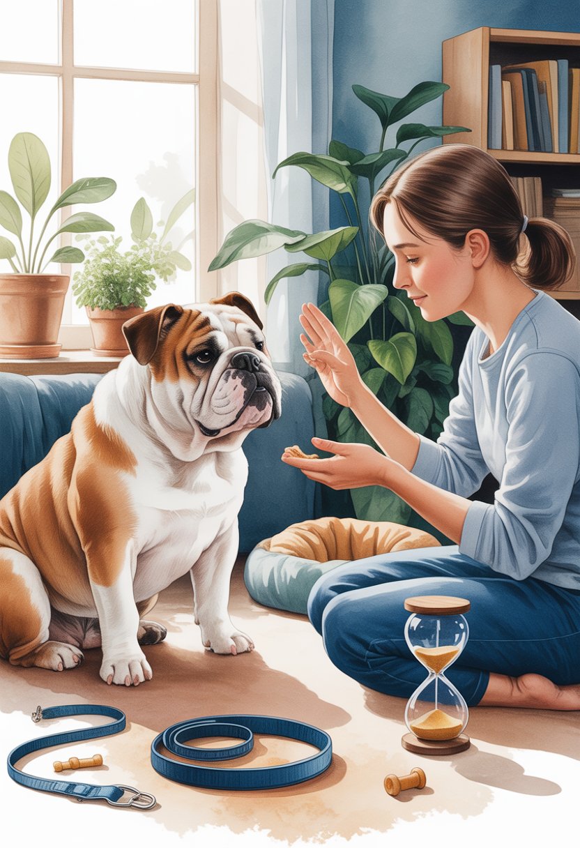 A person calmly training a bulldog in a cozy room with natural light, surrounded by training items and plants.