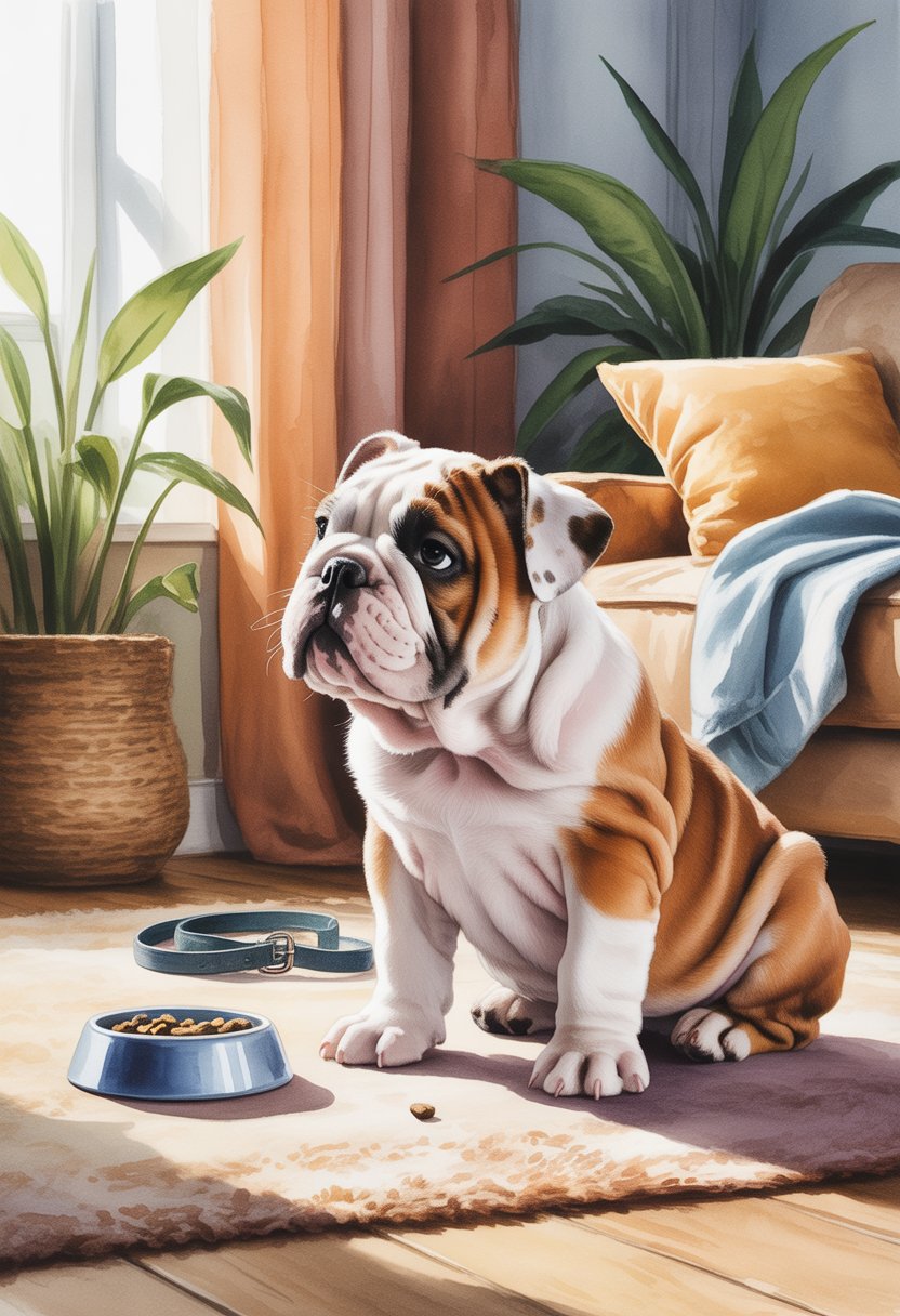 A Bulldog puppy sitting attentively in a cozy room with training tools nearby, looking calm and focused.
