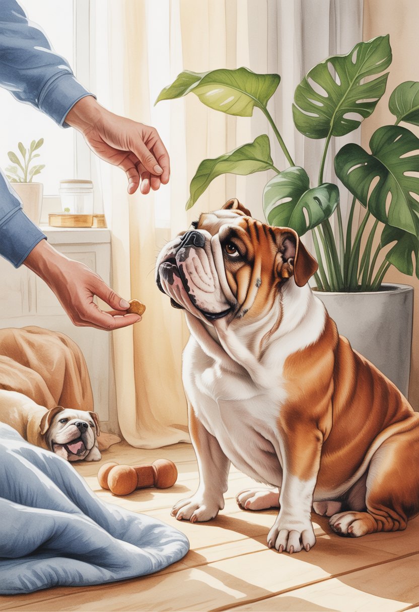 A bulldog sitting calmly while a person offers a treat and praises it in a cozy room.