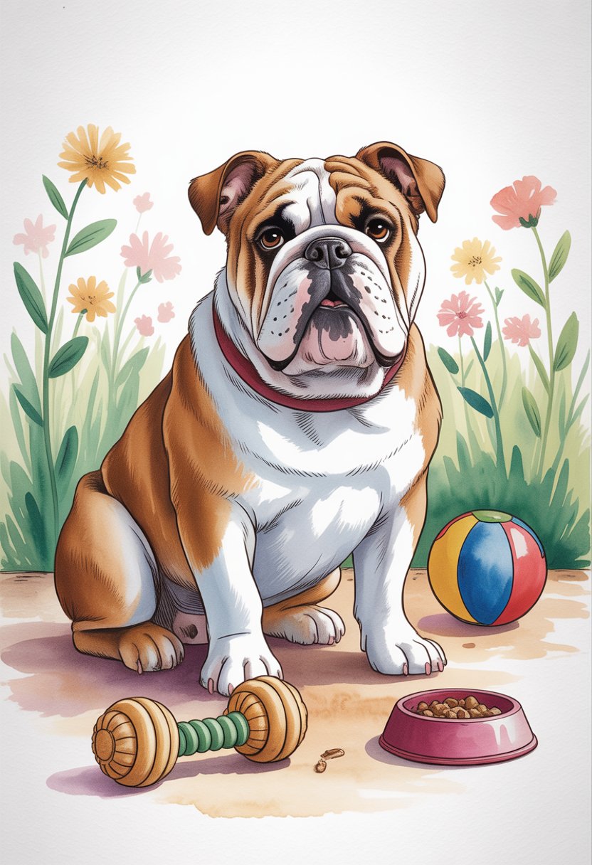A bulldog sitting patiently in a garden with toys and a treat bowl nearby, surrounded by flowers.