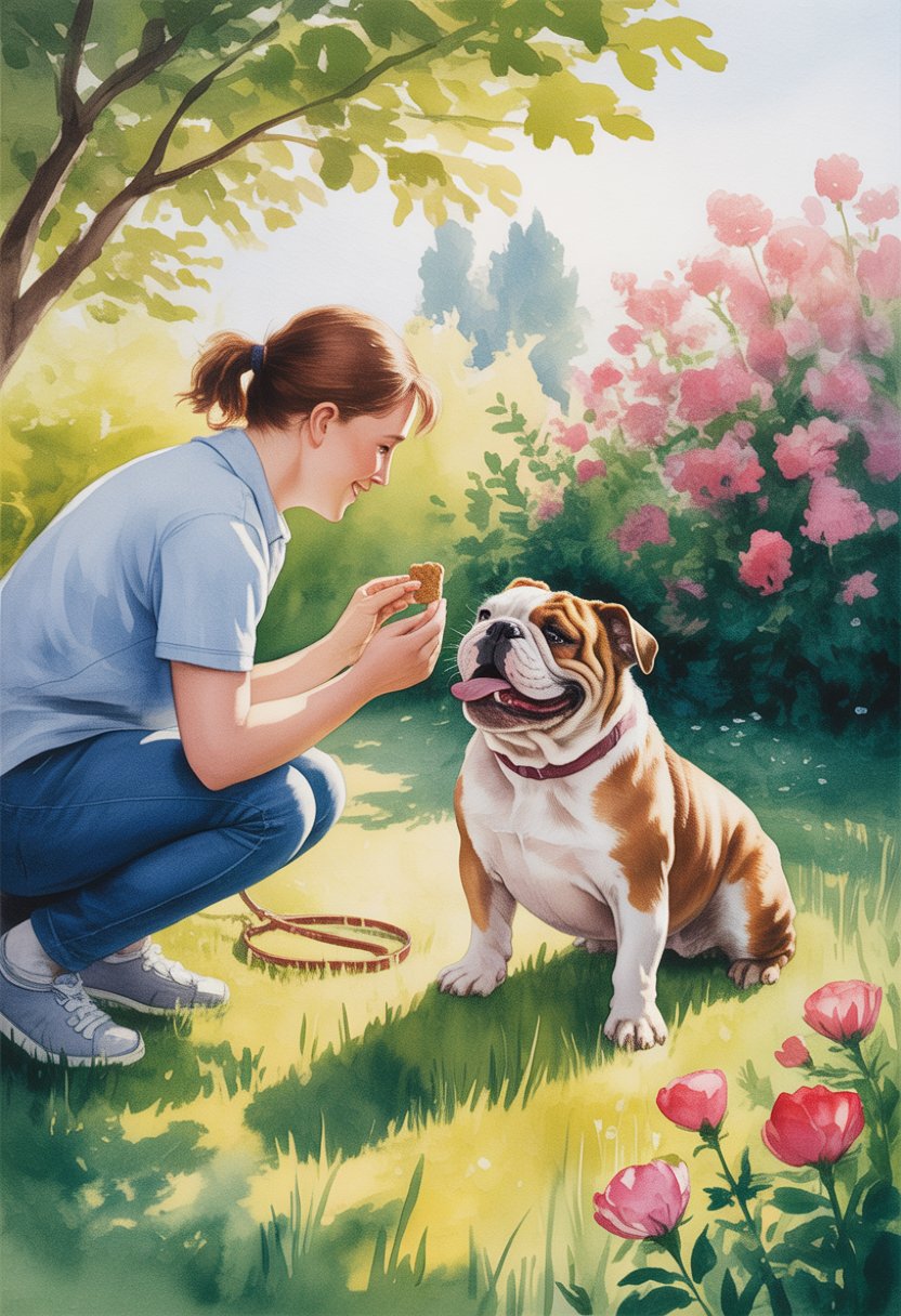 A person kneeling and offering a treat to a happy Bulldog in a sunny garden surrounded by flowers and trees.